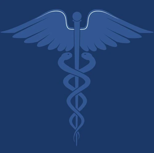 Símbolo médico sobre fundo azul.