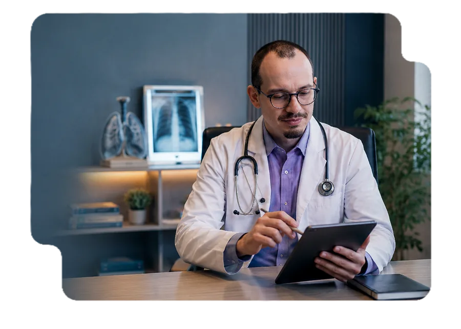 Cena ilustrativa do Dr. Ricardo Santos analisando informações em um tablet.