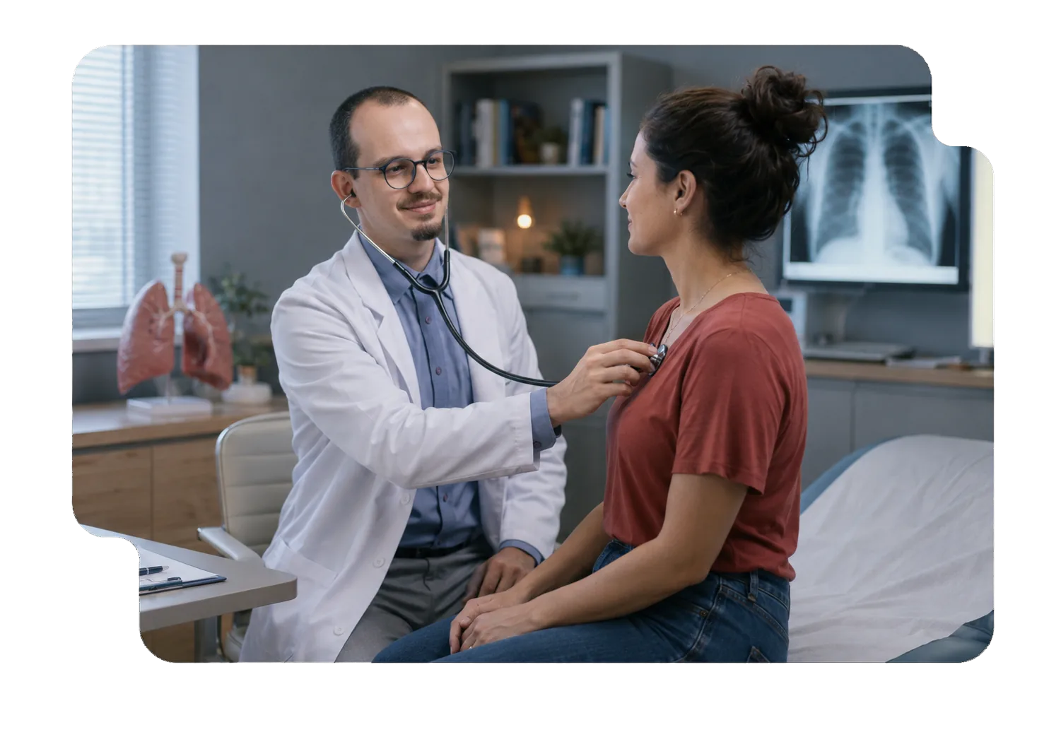 Cena ilustrativa do Dr. Ricardo Santos examinando uma paciente com estetoscópio.