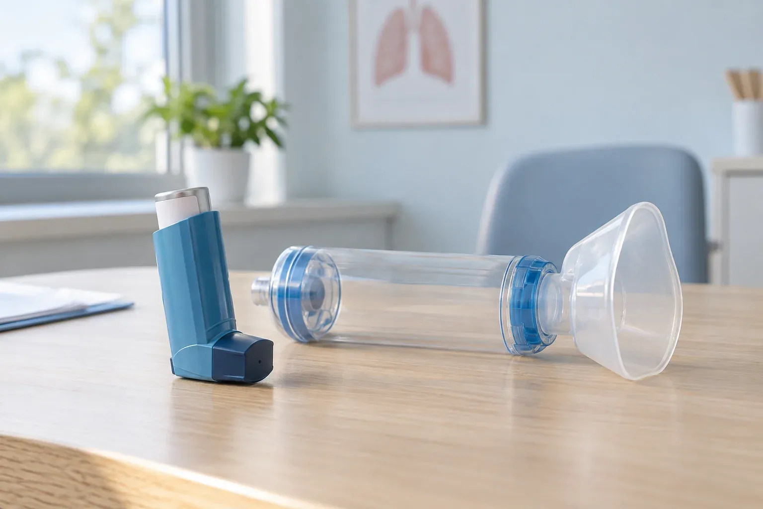 Inalador azul e espaçador transparente com máscara sobre uma mesa, em imagem ilustrativa.