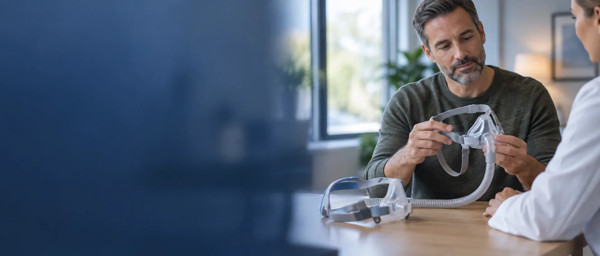 Cena ilustrativa: adulto observando uma máscara de CPAP durante orientação.