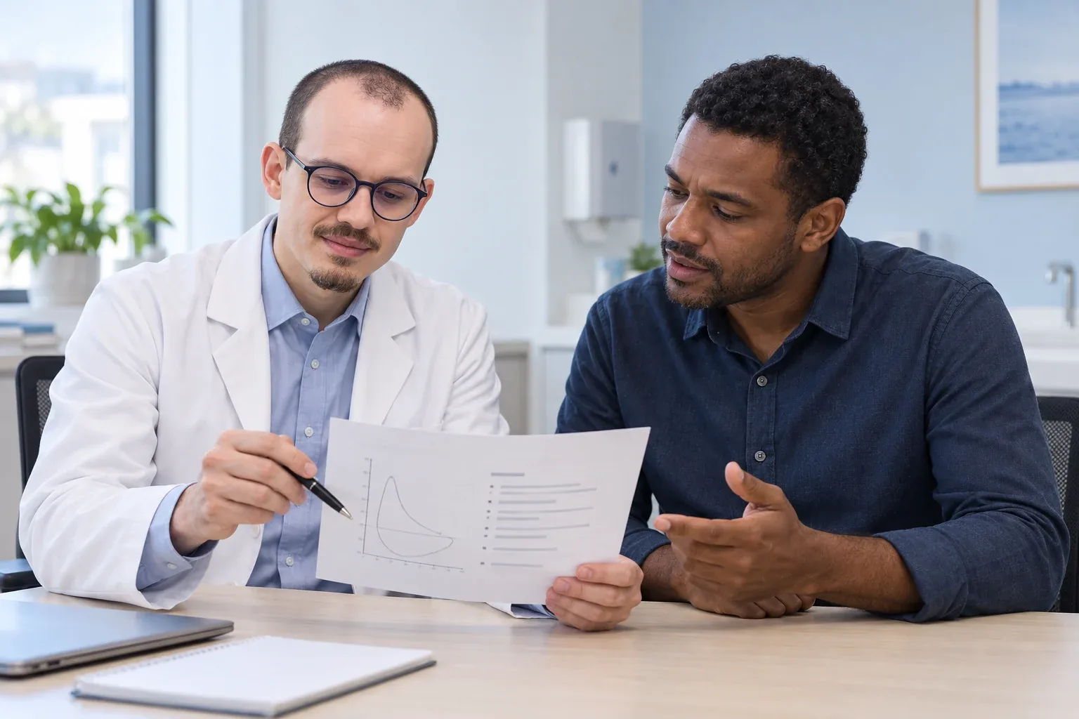 Cena ilustrativa de conversa em consulta sobre documentos e resultados.