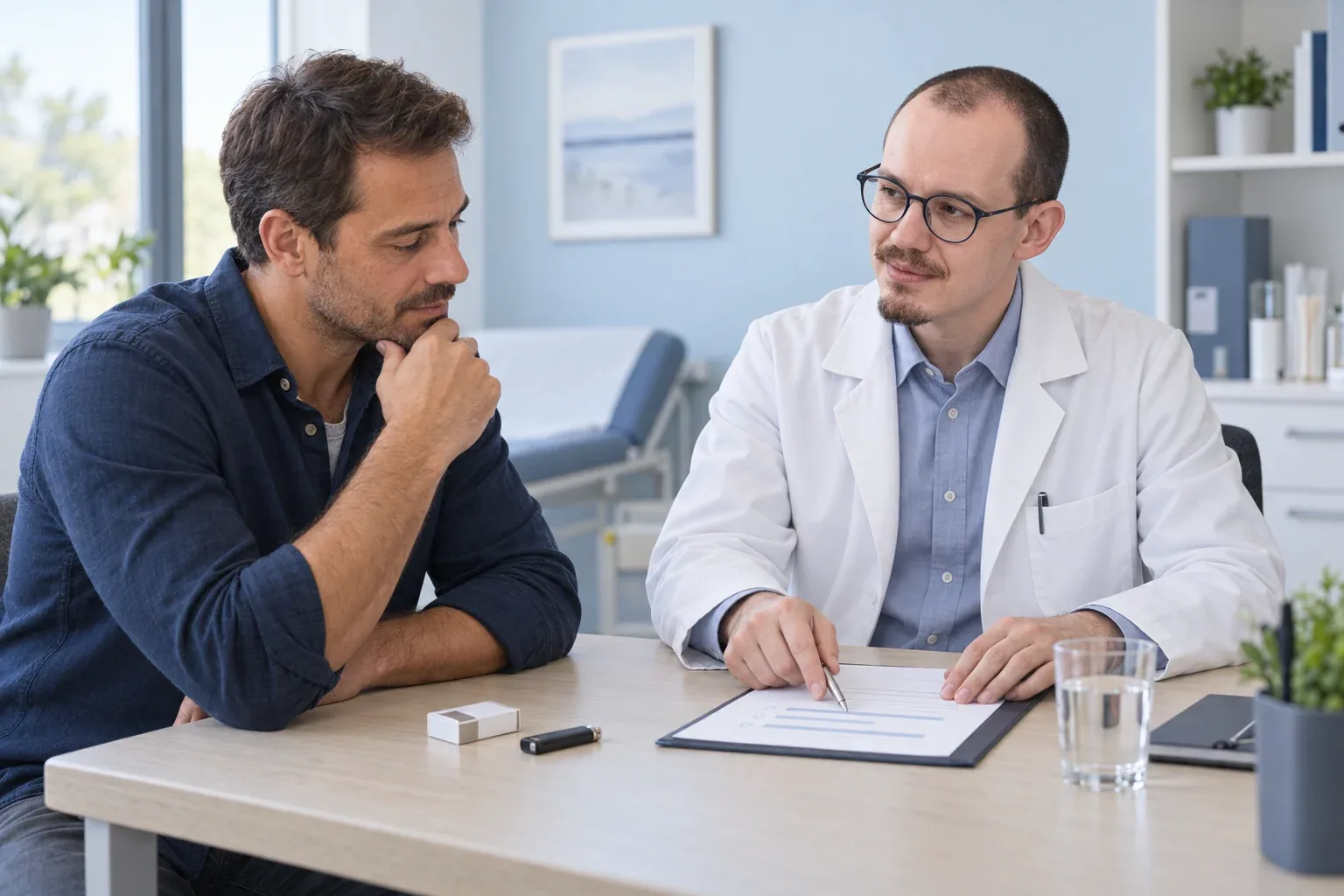 Cena ilustrativa de um adulto conversando com o médico à mesa.