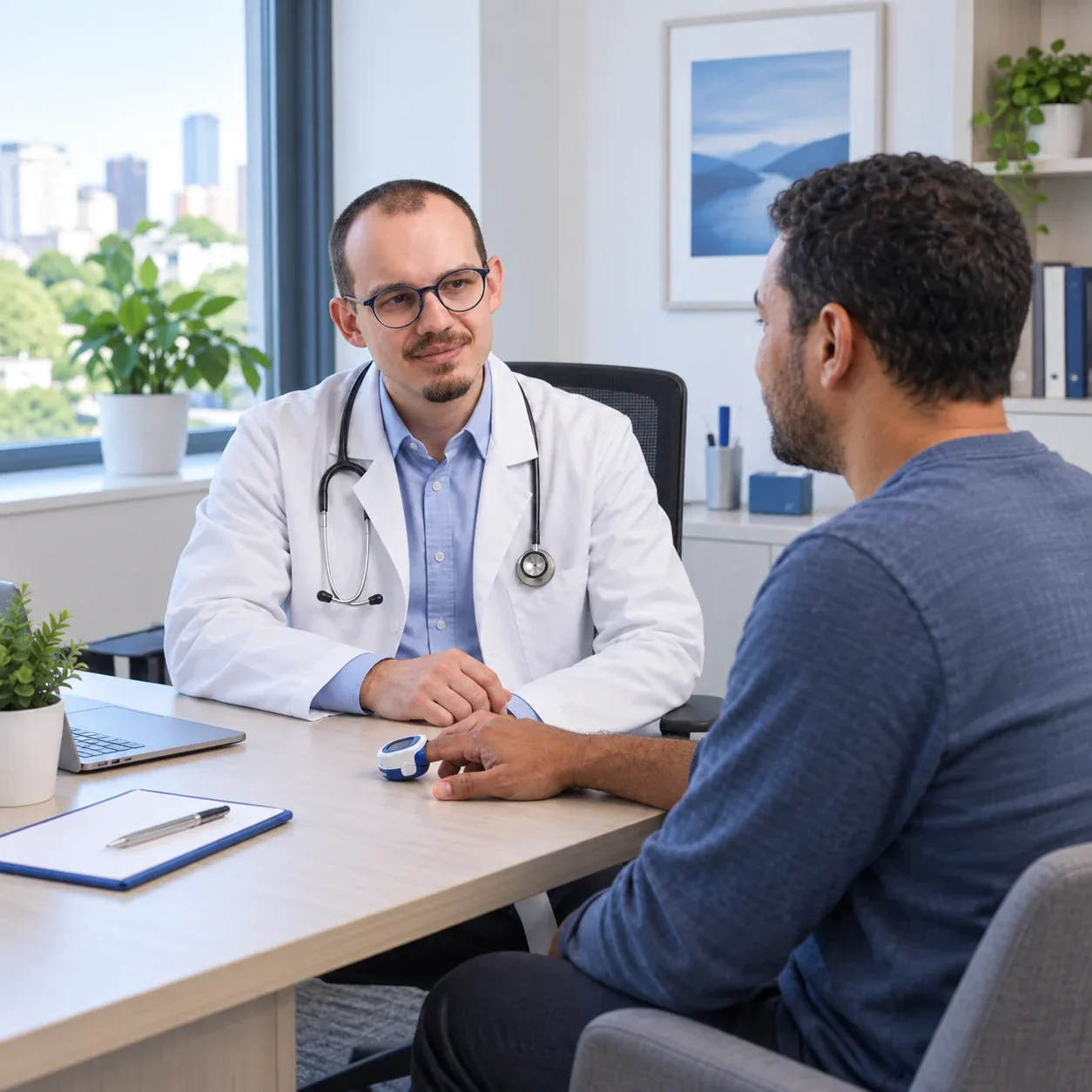 Cena ilustrativa de um adulto conversando com o médico à mesa.