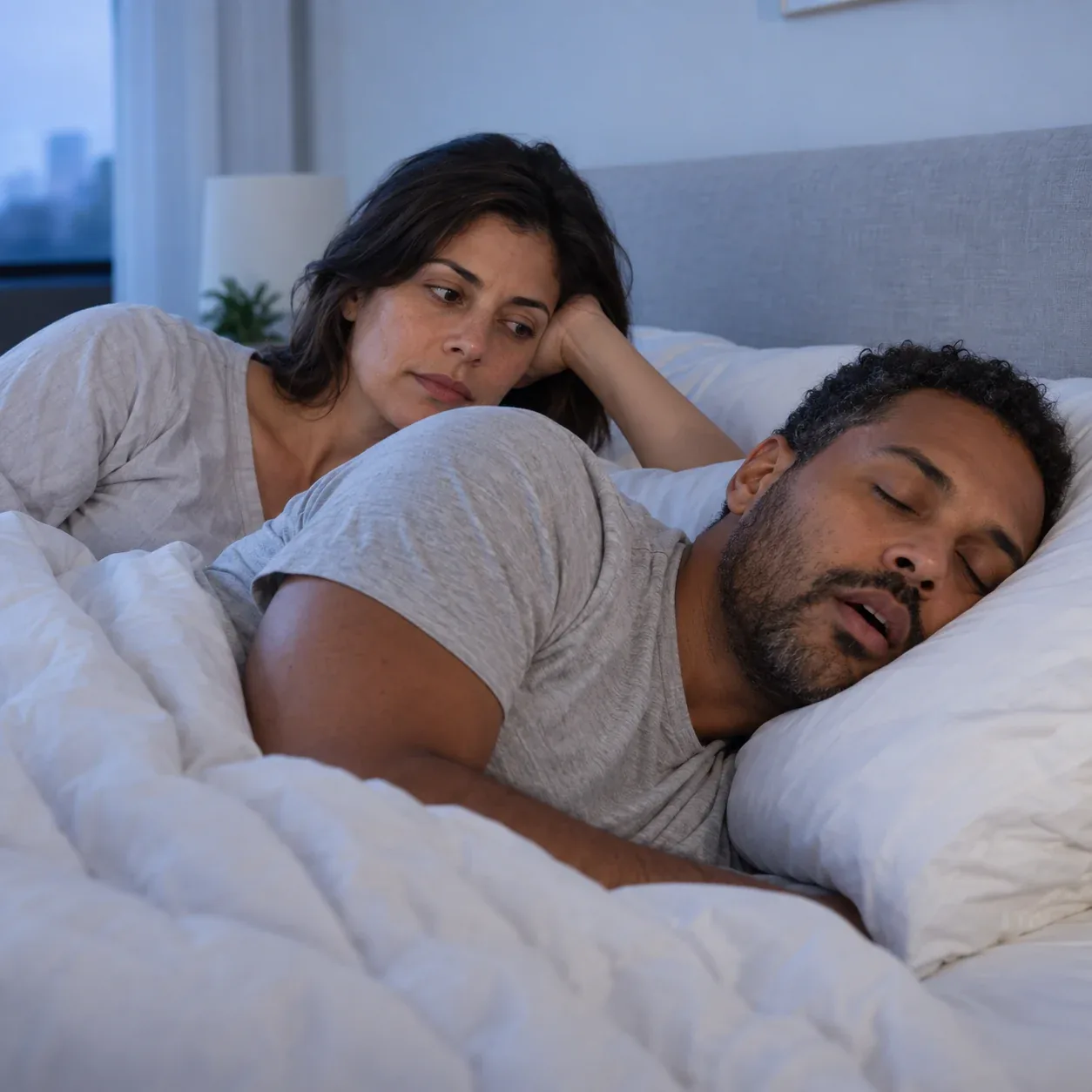 Cena ilustrativa de um casal deitado, com uma pessoa acordada.