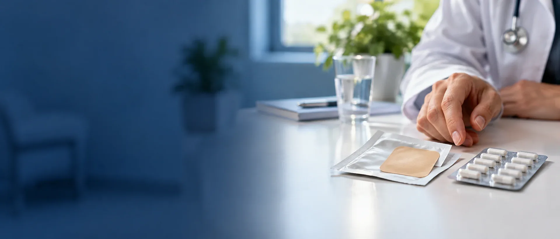 Cena ilustrativa: profissional de saúde indicando recursos de tratamento sobre a mesa.