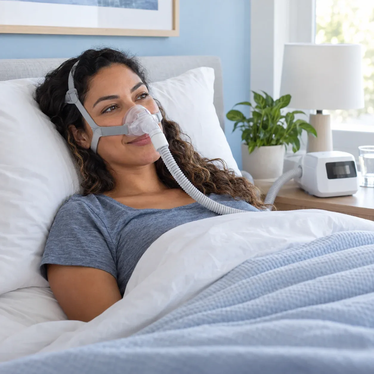 Cena ilustrativa de uma mulher deitada usando máscara de CPAP.