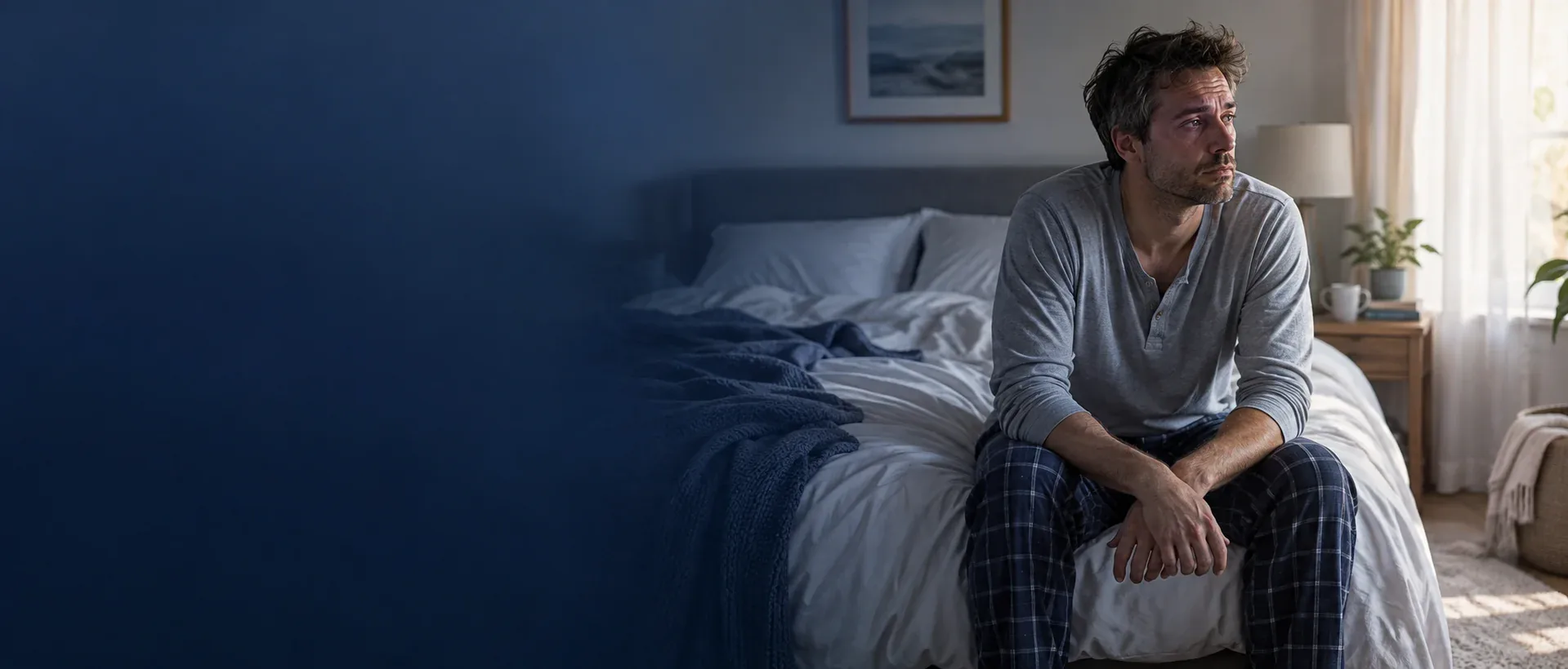 Cena ilustrativa: homem sentado na beira da cama.