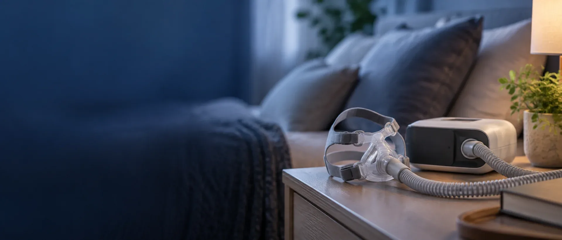 Cena ilustrativa: aparelho e máscara de CPAP ao lado da cama.