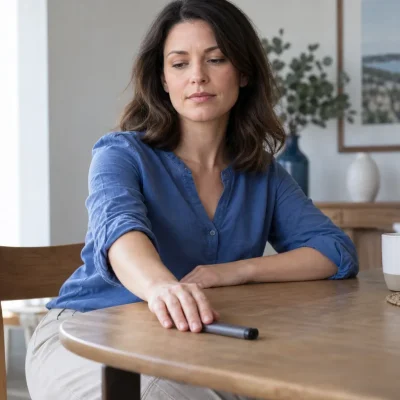 Mulher adulta afasta um cigarro eletrônico genérico sobre uma mesa. Imagem ilustrativa.