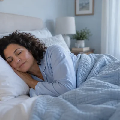 Mulher adulta dormindo de lado em um quarto tranquilo. Imagem ilustrativa.